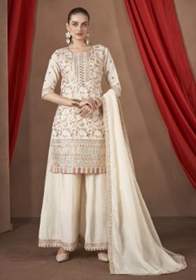 White Embroidererd Silk Palazzo Set With Dupatta