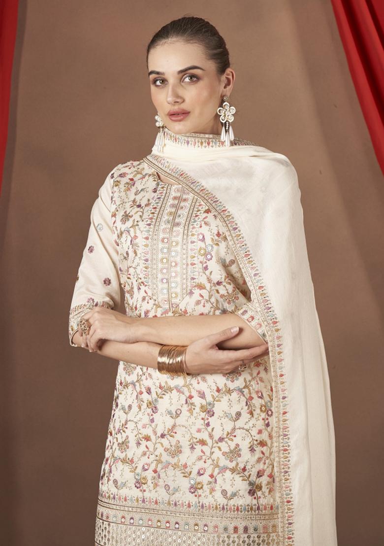 White Embroidererd Silk Palazzo Set With Dupatta