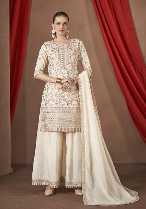 White Embroidererd Silk Palazzo Set With Dupatta