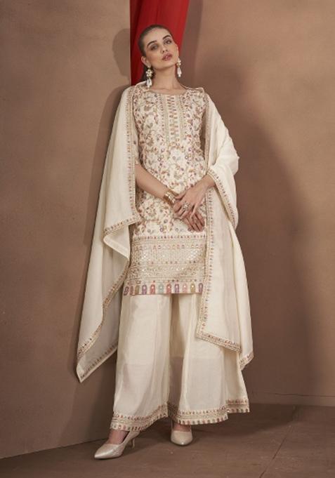 White Embroidererd Silk Palazzo Set With Dupatta