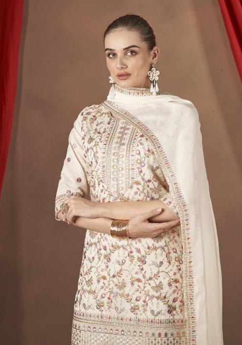 White Embroidererd Silk Palazzo Set With Dupatta