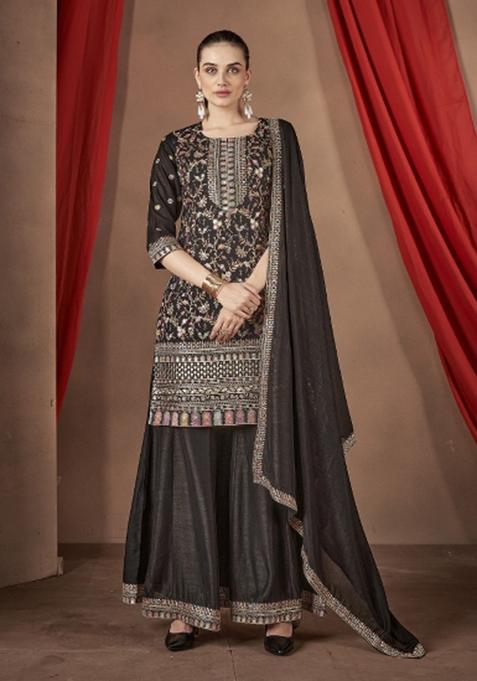 Black Embroidererd Silk Palazzo Set With Dupatta