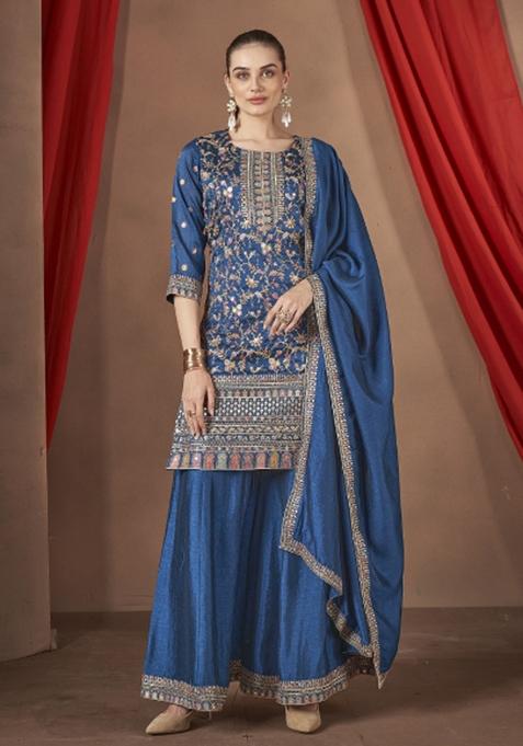 Teal Blue Embroidererd Silk Palazzo Set With Dupatta