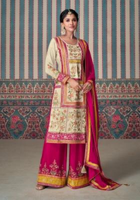 Multicolor Embroidererd Silk Palazzo Set With Dupatta
