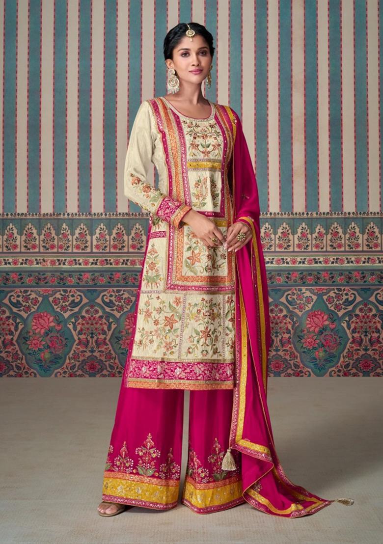 Multicolor Embroidererd Silk Palazzo Set With Dupatta
