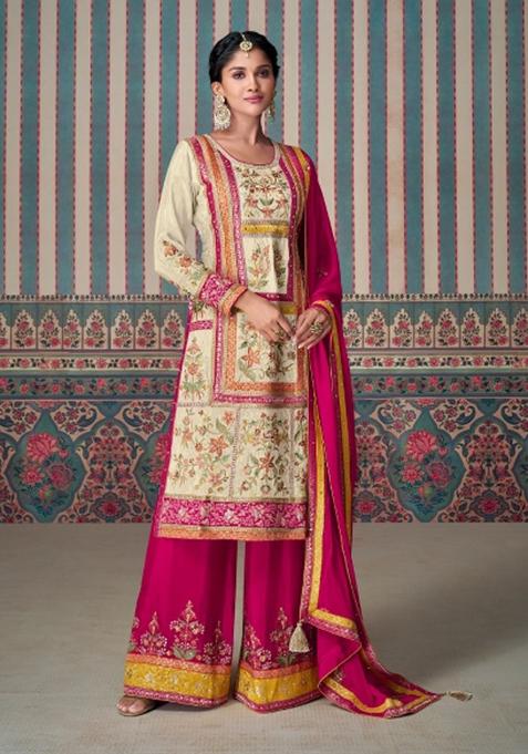 Multicolor Embroidererd Silk Palazzo Set With Dupatta