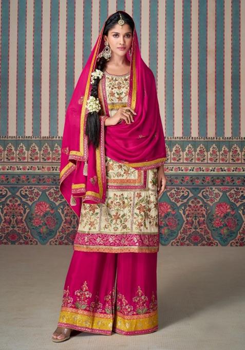 Multicolor Embroidererd Silk Palazzo Set With Dupatta