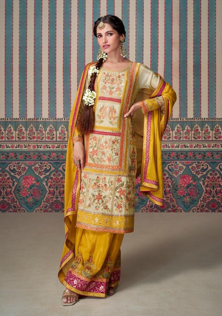 Multicolor Embroidererd Silk Palazzo Set With Dupatta