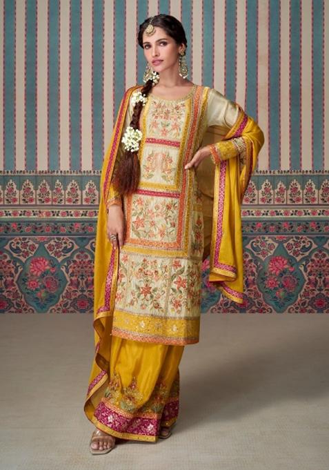 Multicolor Embroidererd Silk Palazzo Set With Dupatta