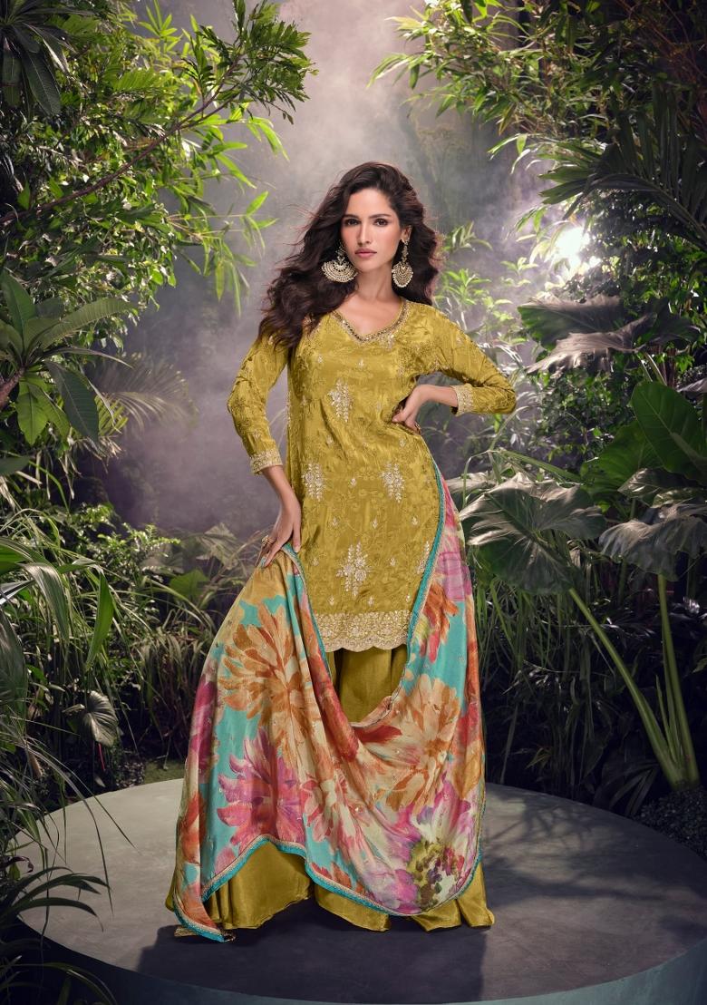 Mustard Yellow Embroidererd Shimmer Palazzo Set With Dupatta