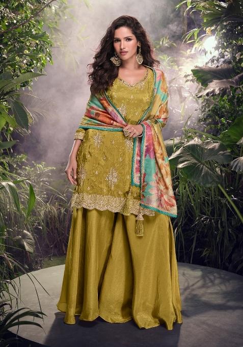 Mustard Yellow Embroidererd Shimmer Palazzo Set With Dupatta