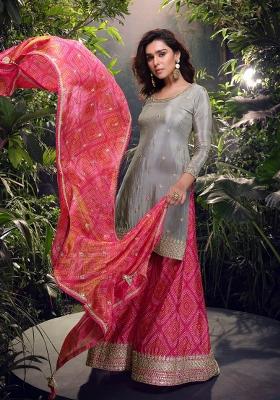 Grey Embroidererd Shimmer Palazzo Set With Dupatta
