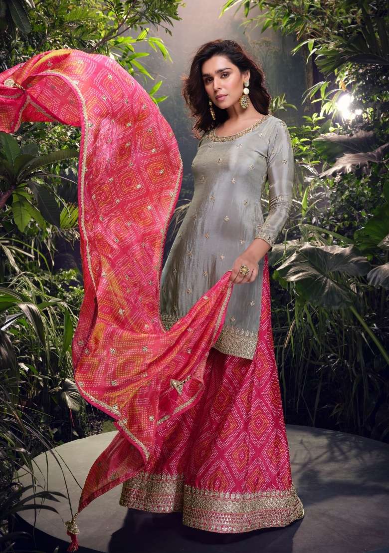 Grey Solid Silk Blended Sharara Set - Indya