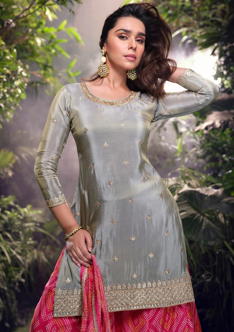 Grey Embroidererd Shimmer Palazzo Set With Dupatta