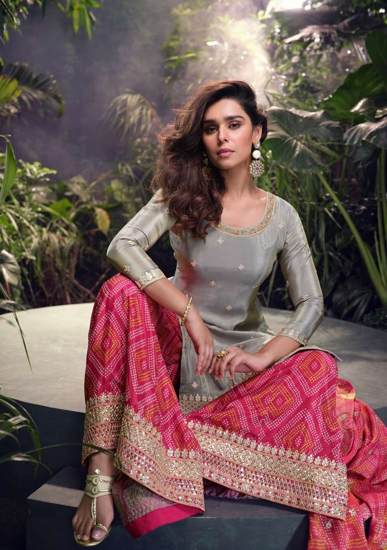 Grey Solid Silk Blended Sharara Set - Indya