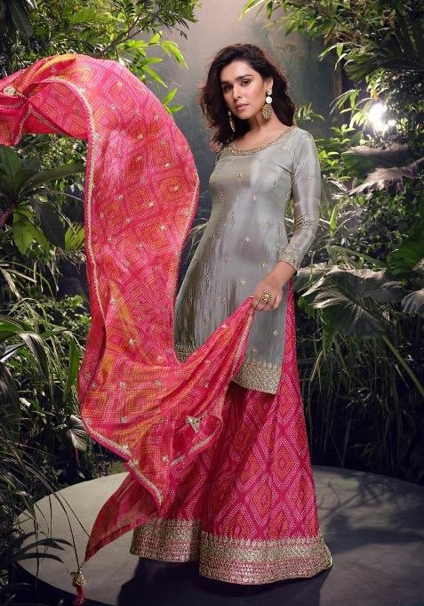 Grey Embroidererd Shimmer Palazzo Set With Dupatta