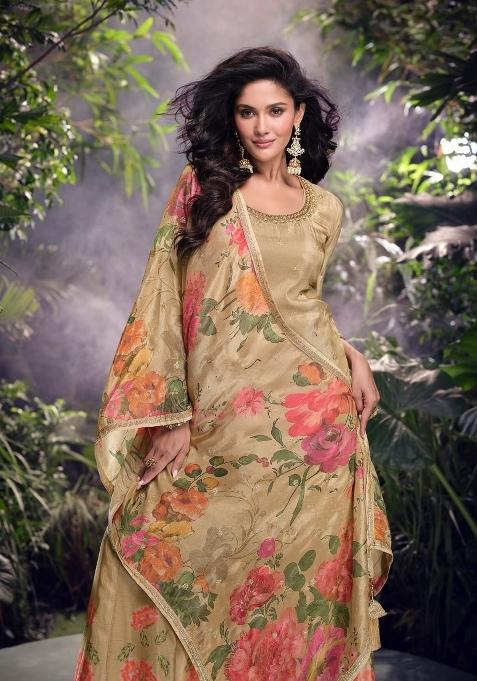 Chiku Brown Embroidererd Silk Palazzo Set With Dupatta