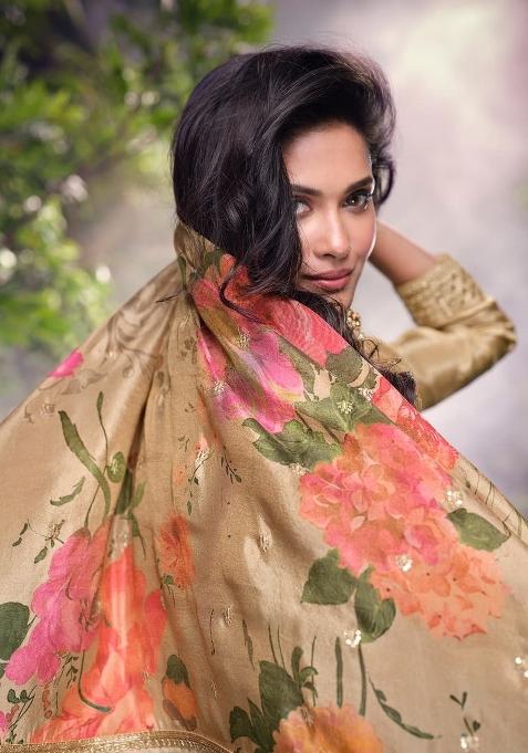 Chiku Brown Embroidererd Silk Palazzo Set With Dupatta