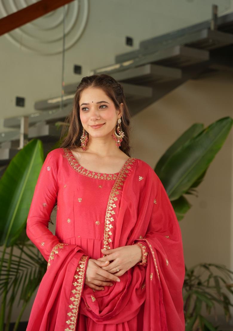 Peach Embroidererd Chinon Anarkali Set With Dupatta