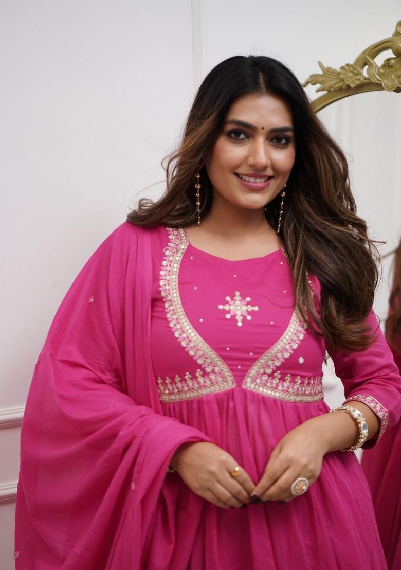 Pink Embroidererd Muslin Cotton Anarkali Set With Dupatta