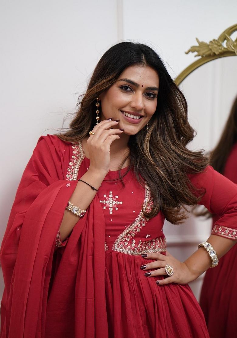 Red Embroidererd Muslin Cotton Anarkali Set With Dupatta