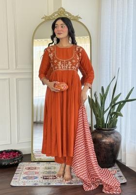 Orange Embroidererd Viscose Silk Anarkali Set With Dupatta