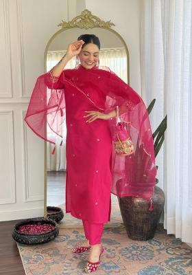 Pink Embroidererd Viscose Chanderi Salwar Kameez With Dupatta