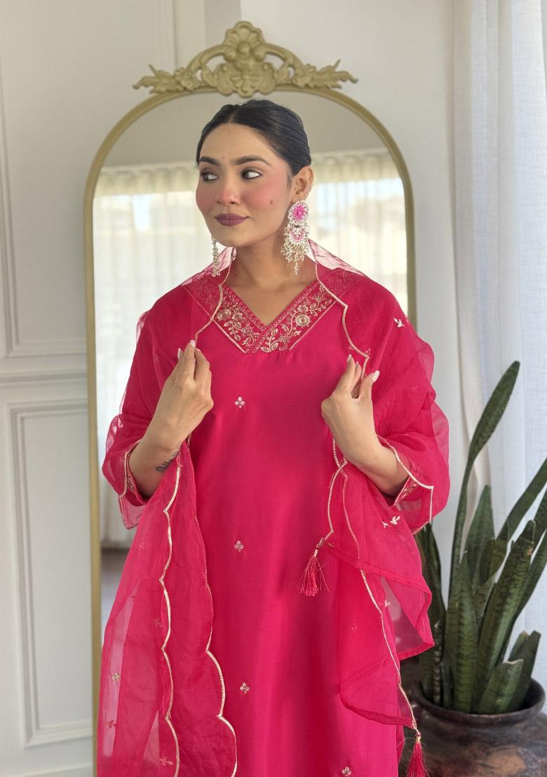 Pink Embroidererd Viscose Chanderi Salwar Kameez With Dupatta