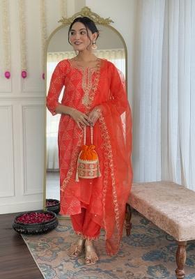 Orange Embroidererd French Crepe Salwar Kameez With Dupatta