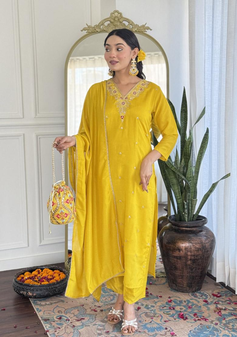 Lemon Yellow Embroidererd Vichitra Silk Salwar Kameez With Dupatta