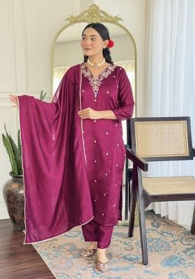 Purple Embroidererd Vichitra Silk Salwar Kameez With Dupatta