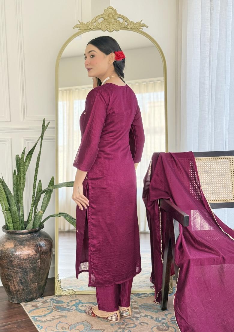 Purple Embroidererd Vichitra Silk Salwar Kameez With Dupatta