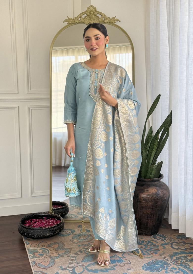 Grey Embroidererd Viscose Chanderi Salwar Kameez With Dupatta