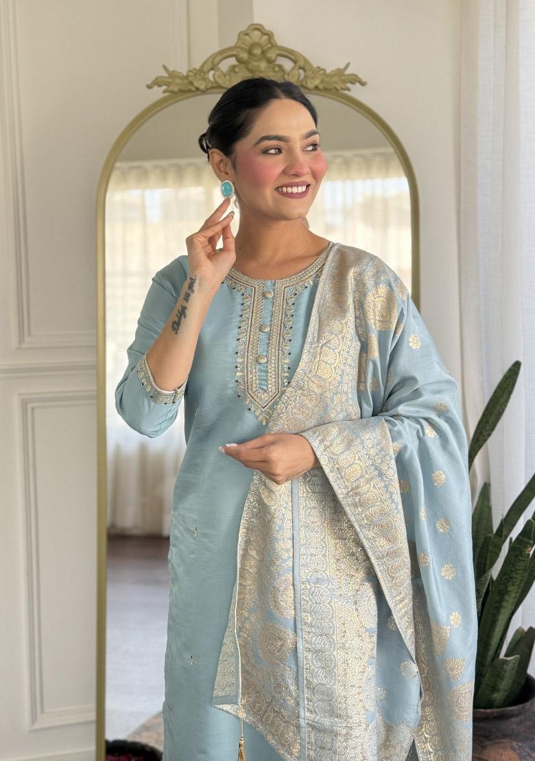 Grey Embroidererd Viscose Chanderi Salwar Kameez With Dupatta