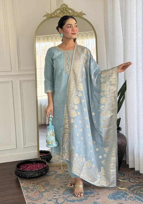 Grey Embroidererd Viscose Chanderi Salwar Kameez With Dupatta