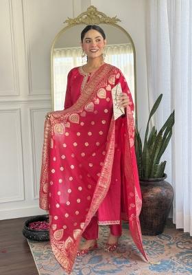 Pink Embroidererd Viscose Chanderi Salwar Kameez With Dupatta