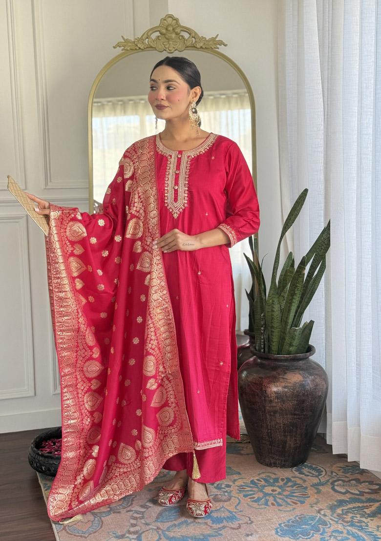 Pink Embroidererd Viscose Chanderi Salwar Kameez With Dupatta