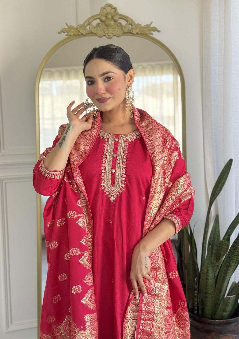 Pink Embroidererd Viscose Chanderi Salwar Kameez With Dupatta
