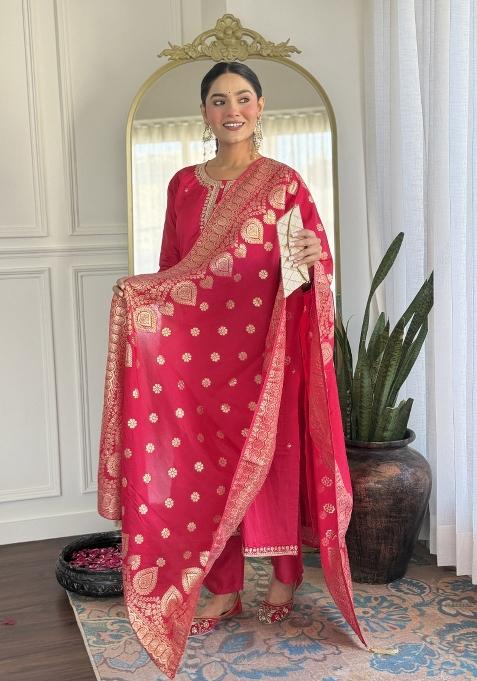 Pink Embroidererd Viscose Chanderi Salwar Kameez With Dupatta