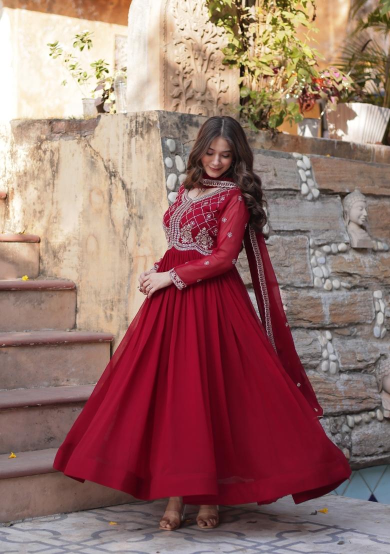 Maroon Embroidererd Georgette Anarkali Set With Dupatta