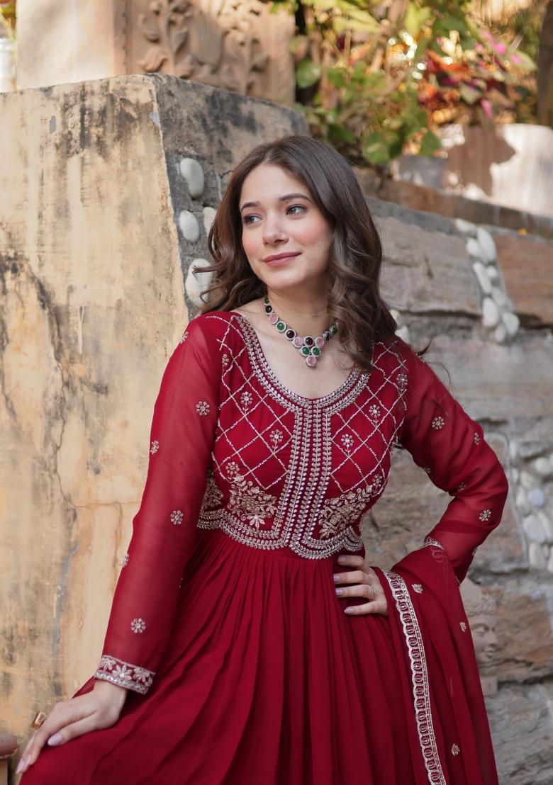 Maroon Embroidererd Georgette Anarkali Set With Dupatta