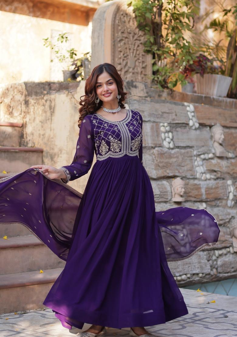 Purple Embroidererd Georgette Anarkali Set With Dupatta