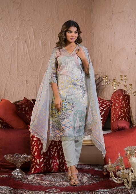 Grey Embroidererd Organza Salwar Kameez With Dupatta