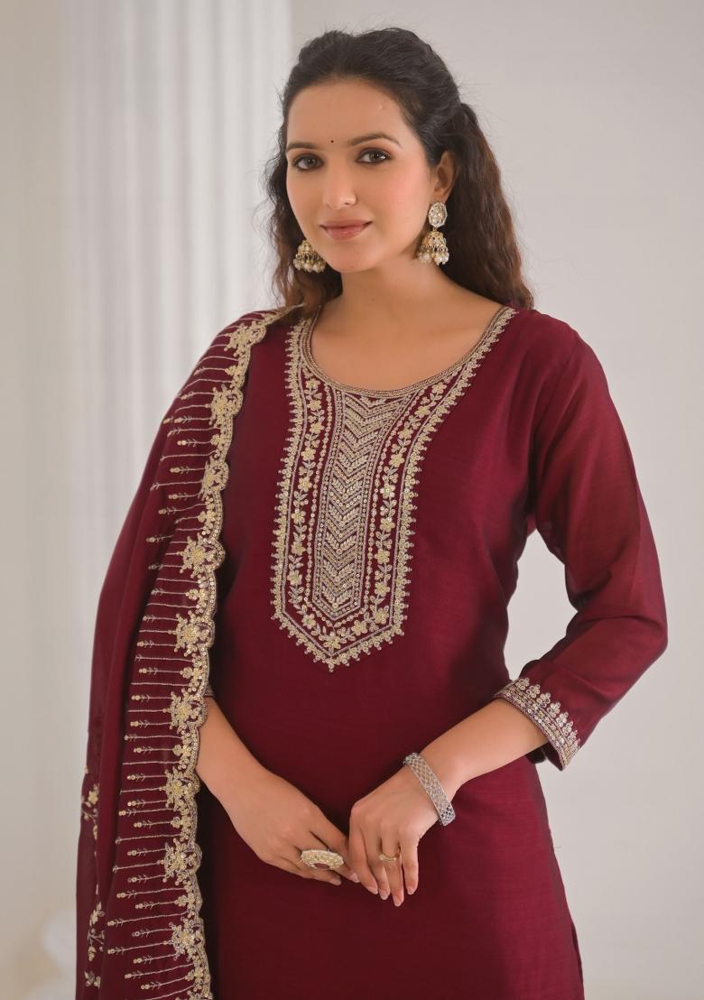 Maroon Embroidererd Vichitra Silk Salwar Kameez With Dupatta