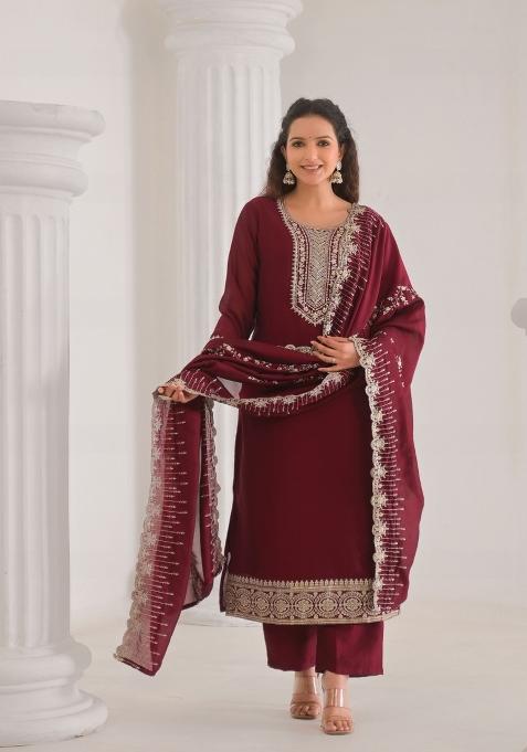 Maroon Embroidererd Vichitra Silk Salwar Kameez With Dupatta