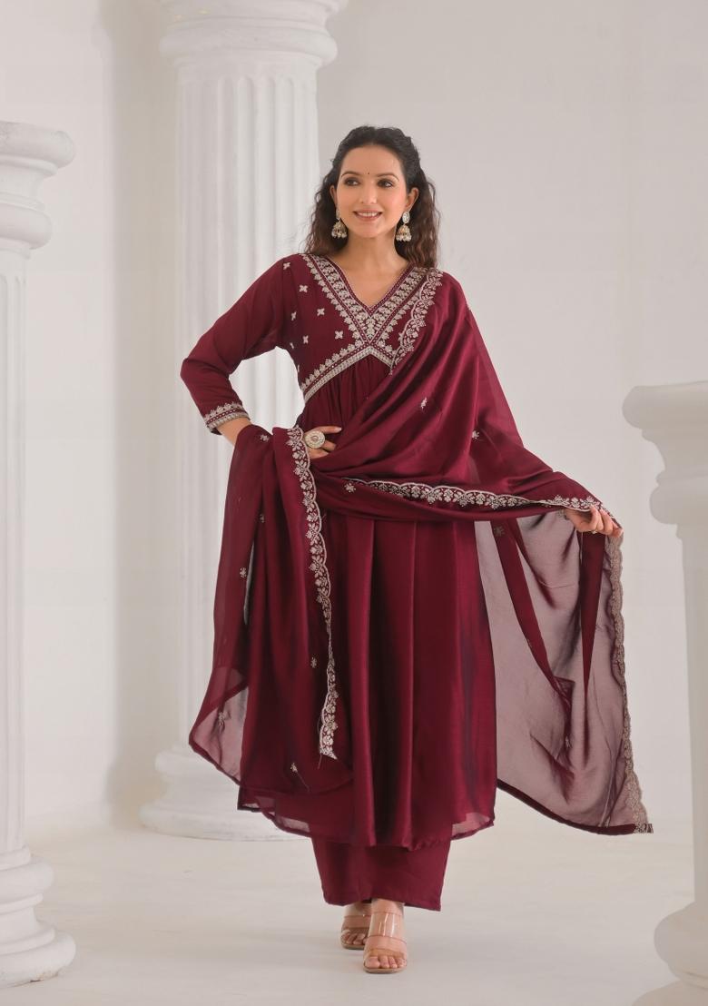 Maroon Embroidererd Vichitra Silk Salwar Kameez With Dupatta