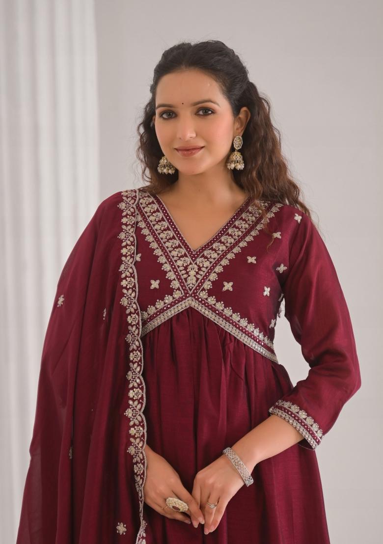 Maroon Embroidererd Vichitra Silk Salwar Kameez With Dupatta