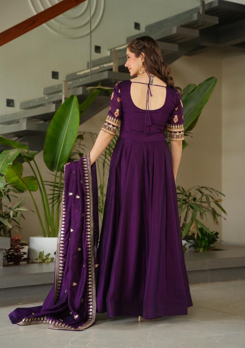 Purple Embroidererd Vichitra Silk Anarkali Set With Dupatta
