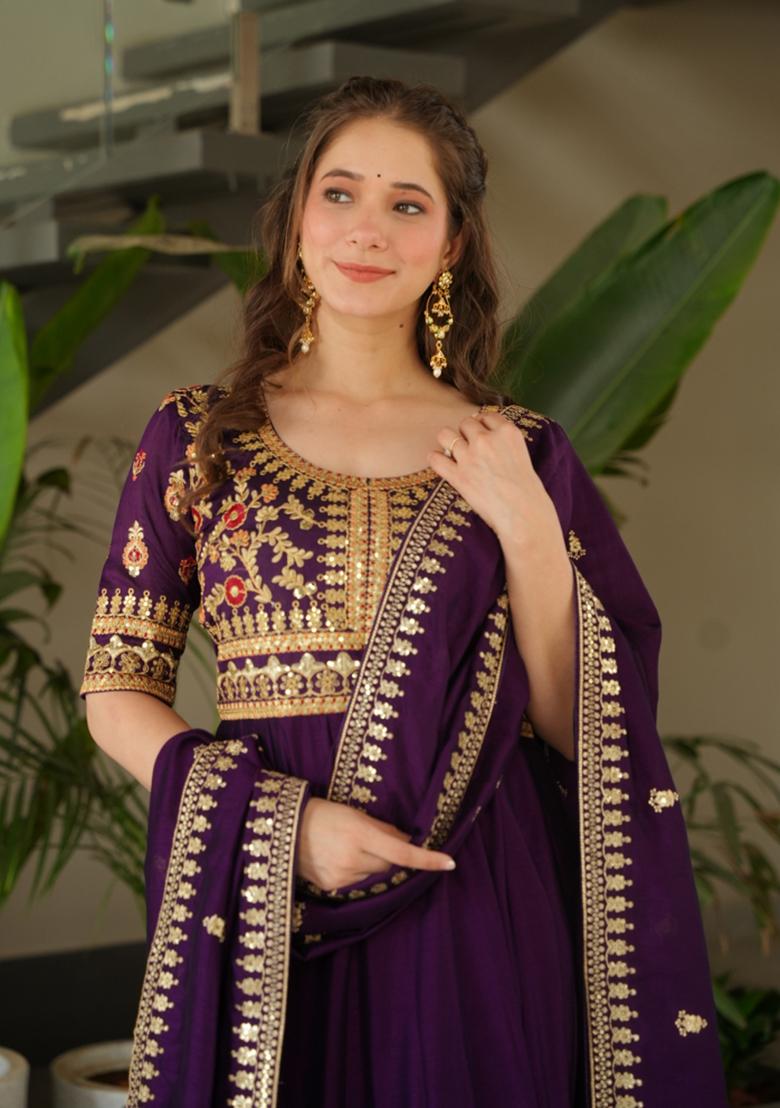 Purple Embroidererd Vichitra Silk Anarkali Set With Dupatta