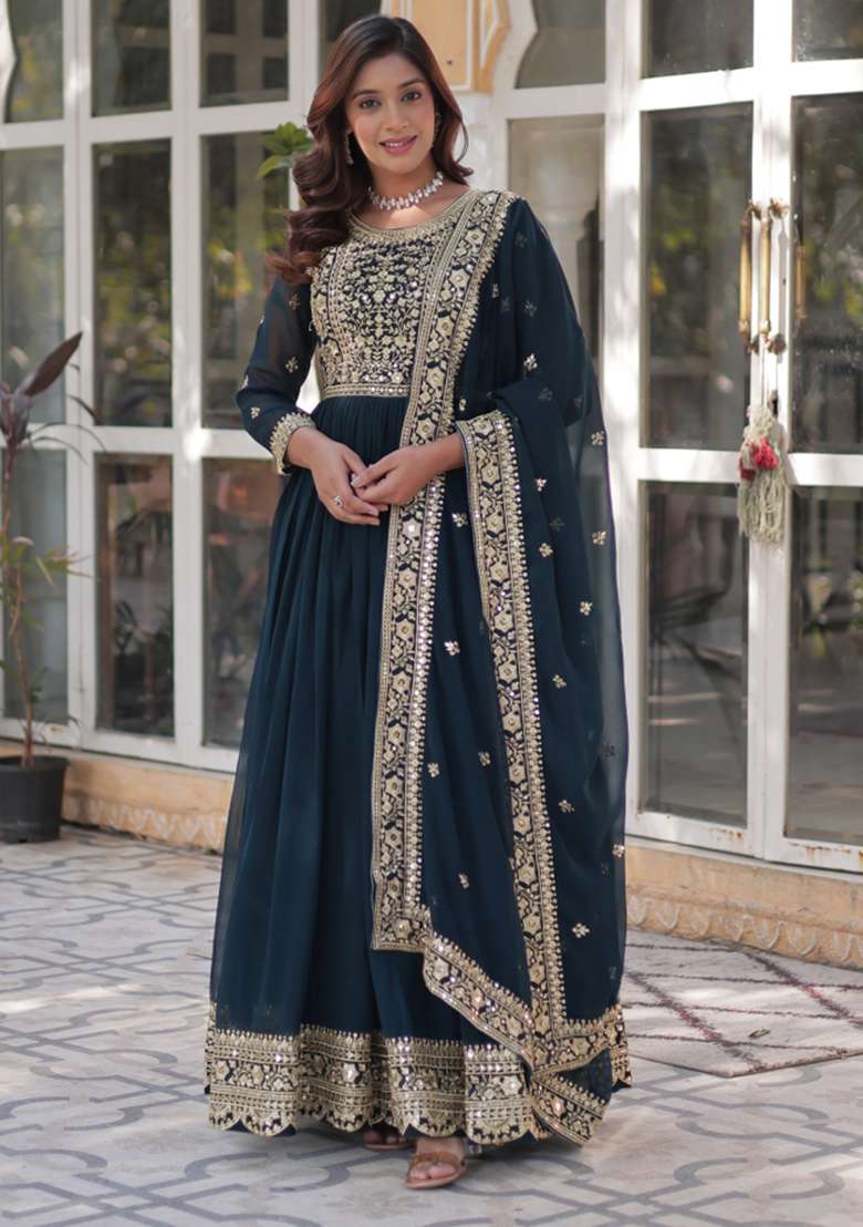 Rama Green Embroidererd Georgette Anarkali Set With Dupatta - Indya